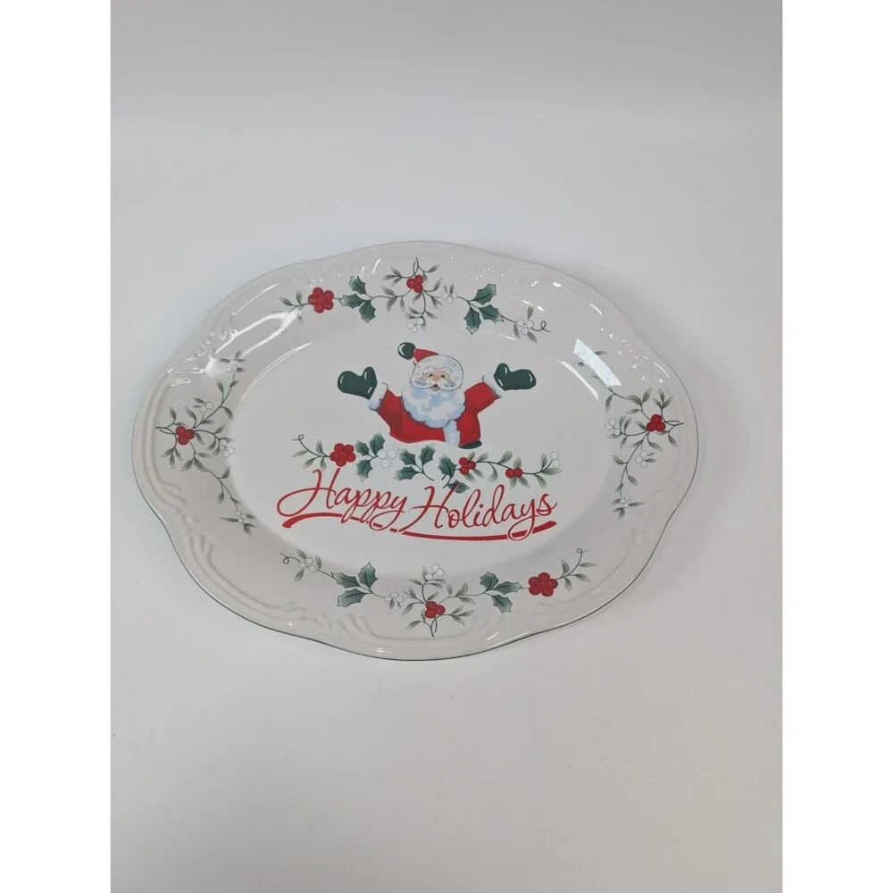 WINTERBERRY Pfaltzgraff Happy Holidays Santa Oval Platter Tray Open Box
